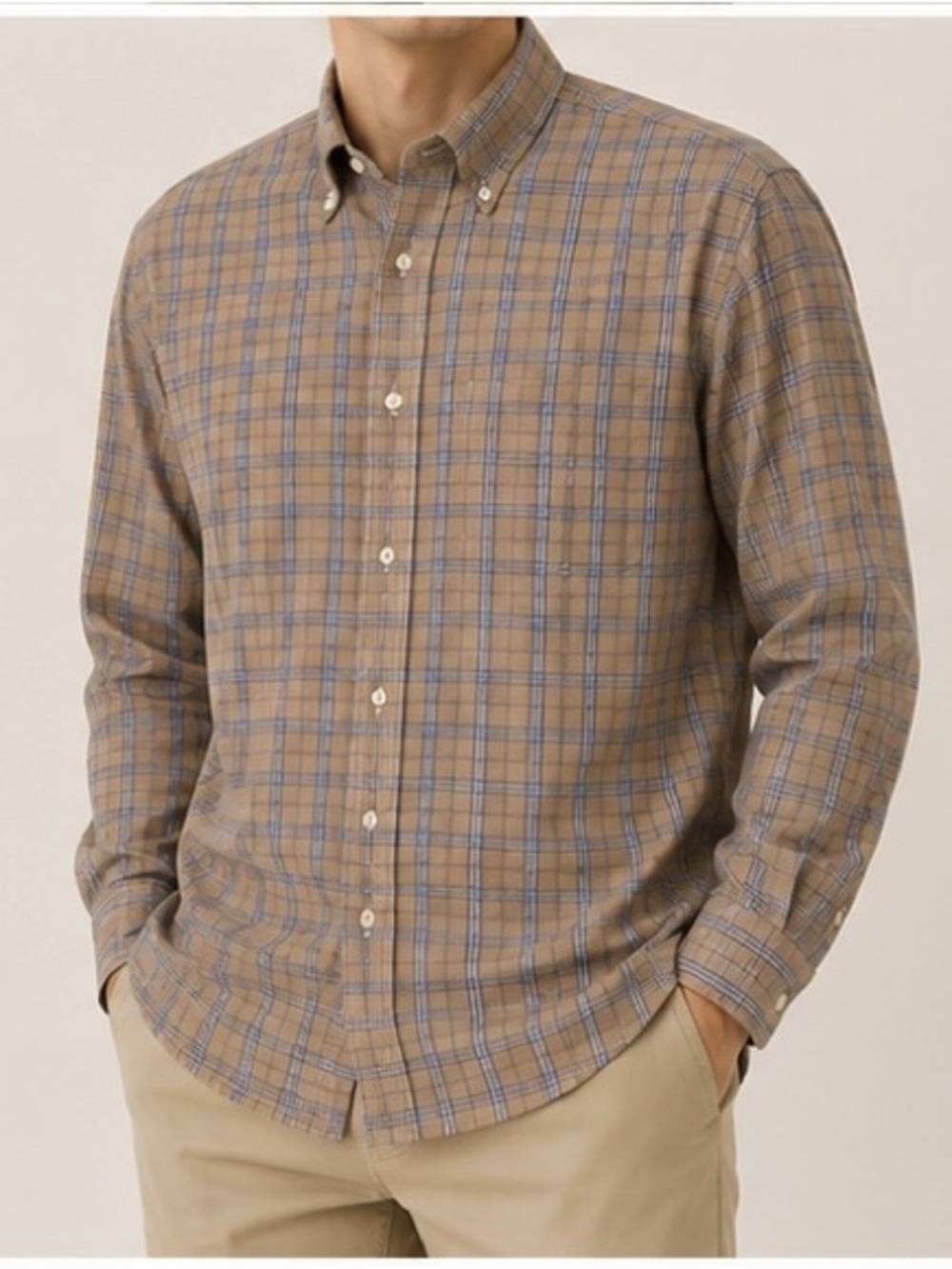 Hathaway Platinum Men's Casual Button-Down Plaid Shirt in Tan and Blue